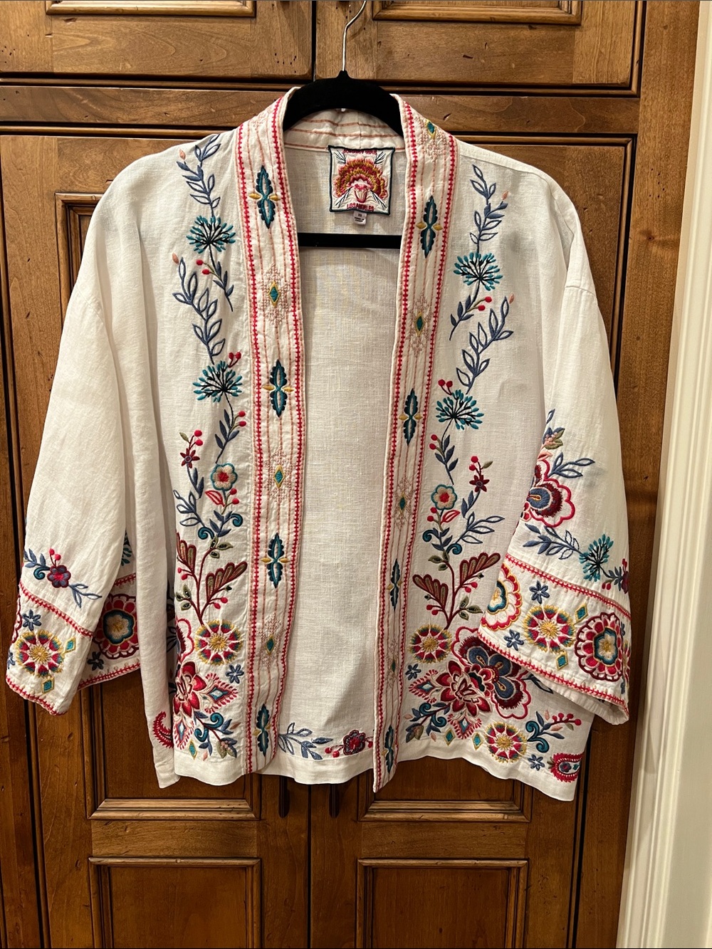 Embroidered Open-Front White Kimono Jacket